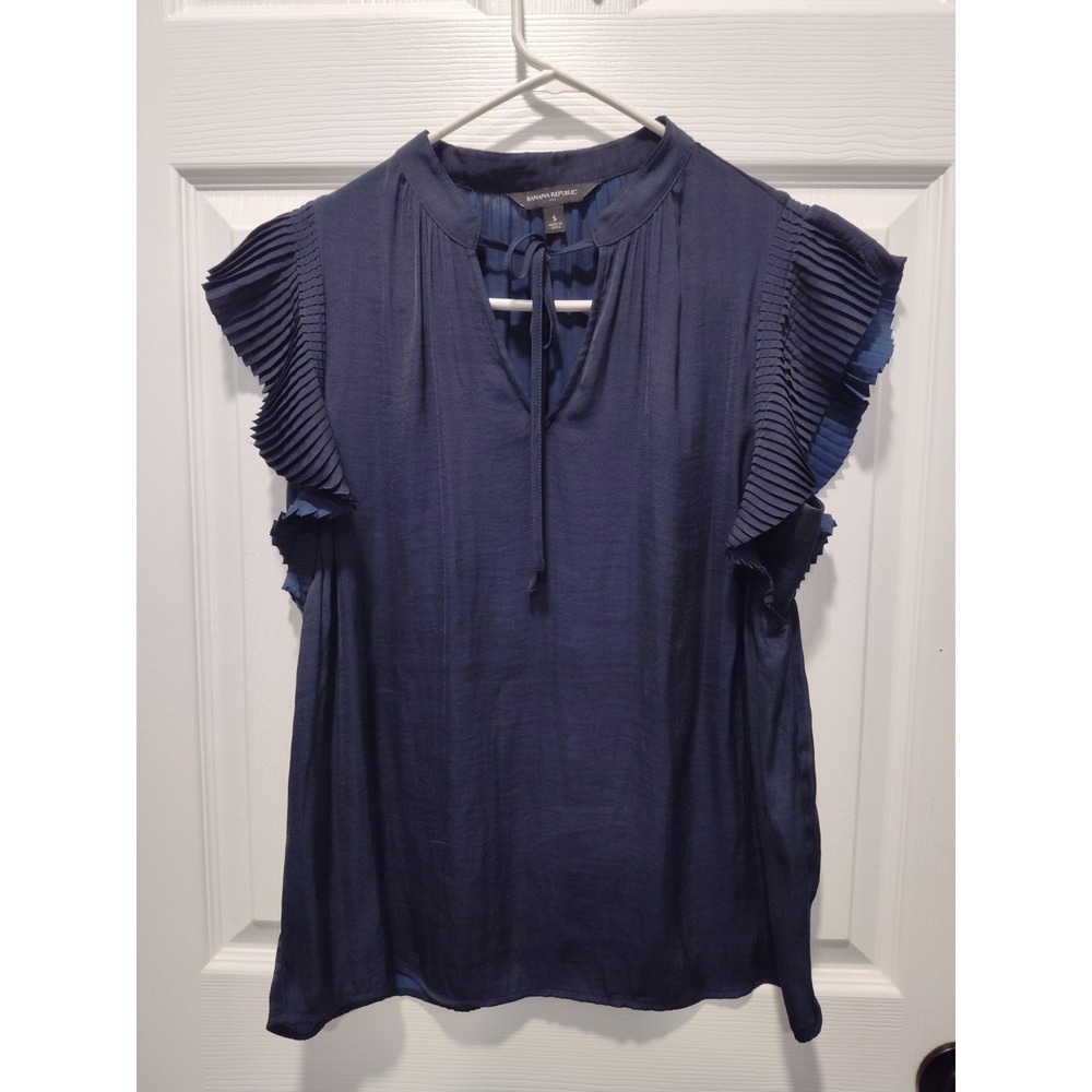 Banana Republic Women's Flutter Sleeve Blouse Ruffles Navy Blue V-Neck tie Small - Picture 7 of 7
